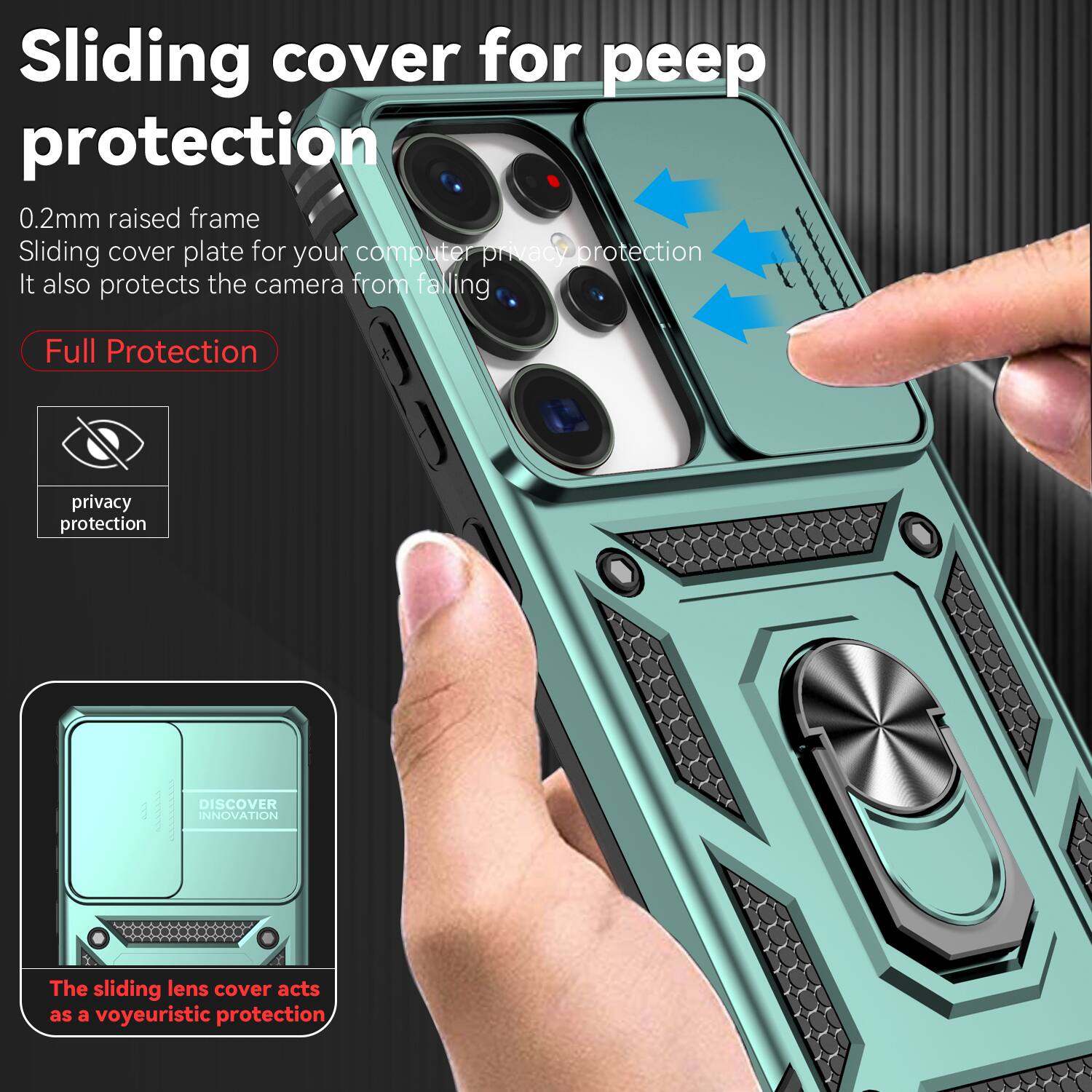 Sliding cover for peep protection  
0.2mm raised frame  
Sliding cover plate for your computer privacy protection  
It also protects the camera from falling  

Full Protection  

privacy protection  

DISCOVER INNOVATION  

The sliding lens cover acts as a voyeuristic protection