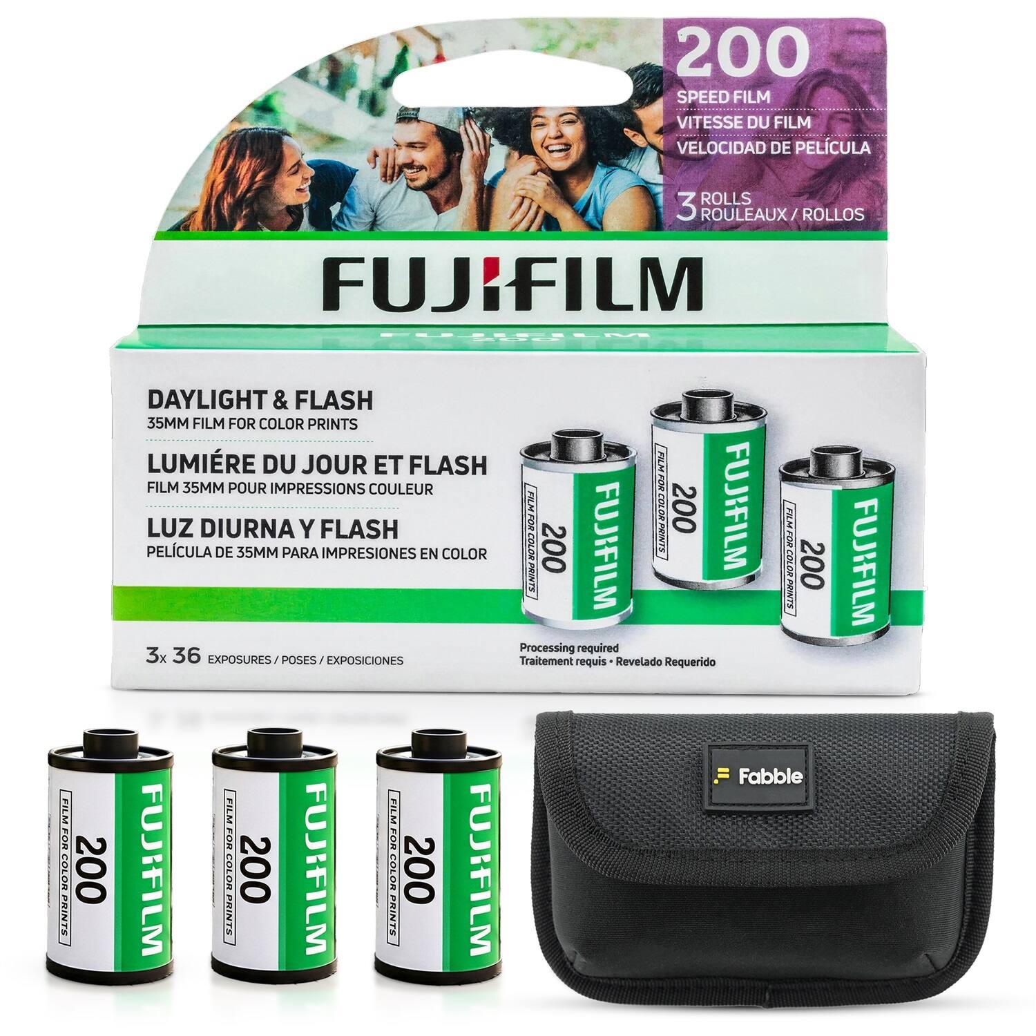 200 SPEED FILM  
VITESSE DU FILM  
VELOCIDAD DE PELÍCULA  
3 ROLLOS / ROLLOS  
FUJIFILM  
DAYLIGHT & FLASH  
35MM FILM FOR COLOR PRINTS  
LUMIÈRE DU JOUR ET FLASH  
FILM 35MM POUR IMPRESSIONS COULEUR  
LUC DIURNA Y FLASH  
PELÍCULA DE 35MM PARA IMPRESIONES EN COLOR  
3x 36 EXPOSURES / POSES / EXPOSICIONES  
Traitement requis / Revelado Requerido  
Processing required  

Fabble