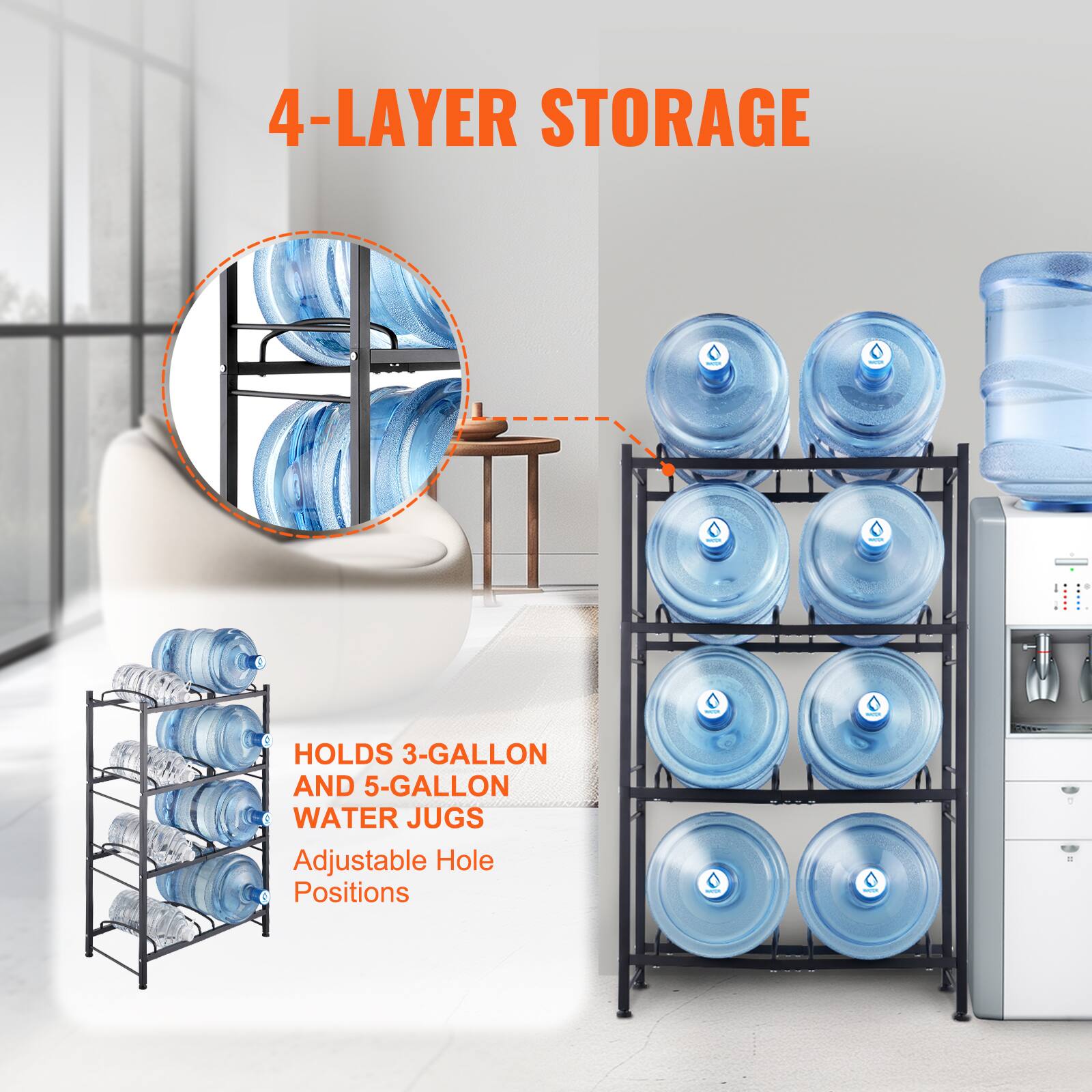 4-LAYER STORAGE

HOLDS 3-GALLON AND 5-GALLON WATER JUGS

Adjustable Hole Positions