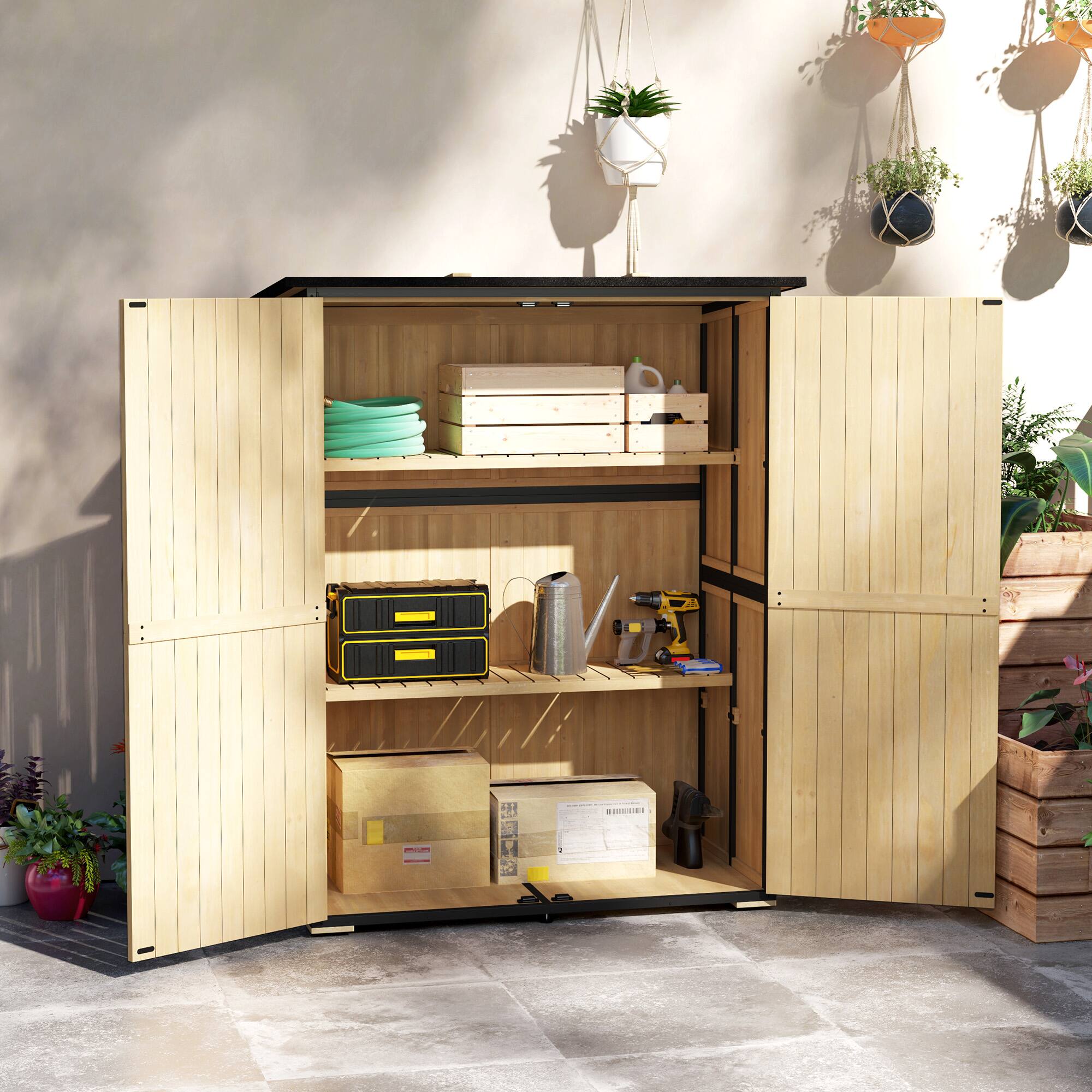 Alt View 1. Outsunny - Outdoor Storage Cabinet, Wood Garden Tool Shed with Steel Frame and Asphalt Roof, Garden Storage Shed with 2 Shelves.