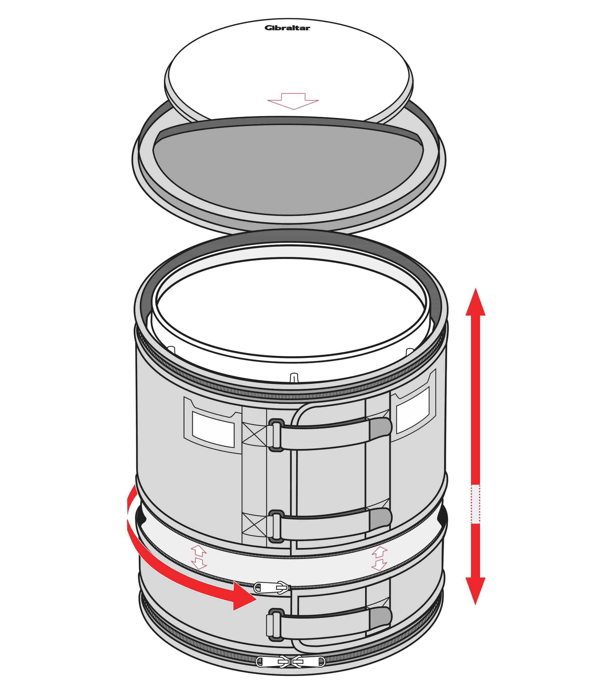 Angle. Gibraltar Hardware - 18" Flatter Floor Tom Bag for Drums, Expandable Soft Case with Foldable Storage, Padded Handles, Heavy-Duty Zippers.