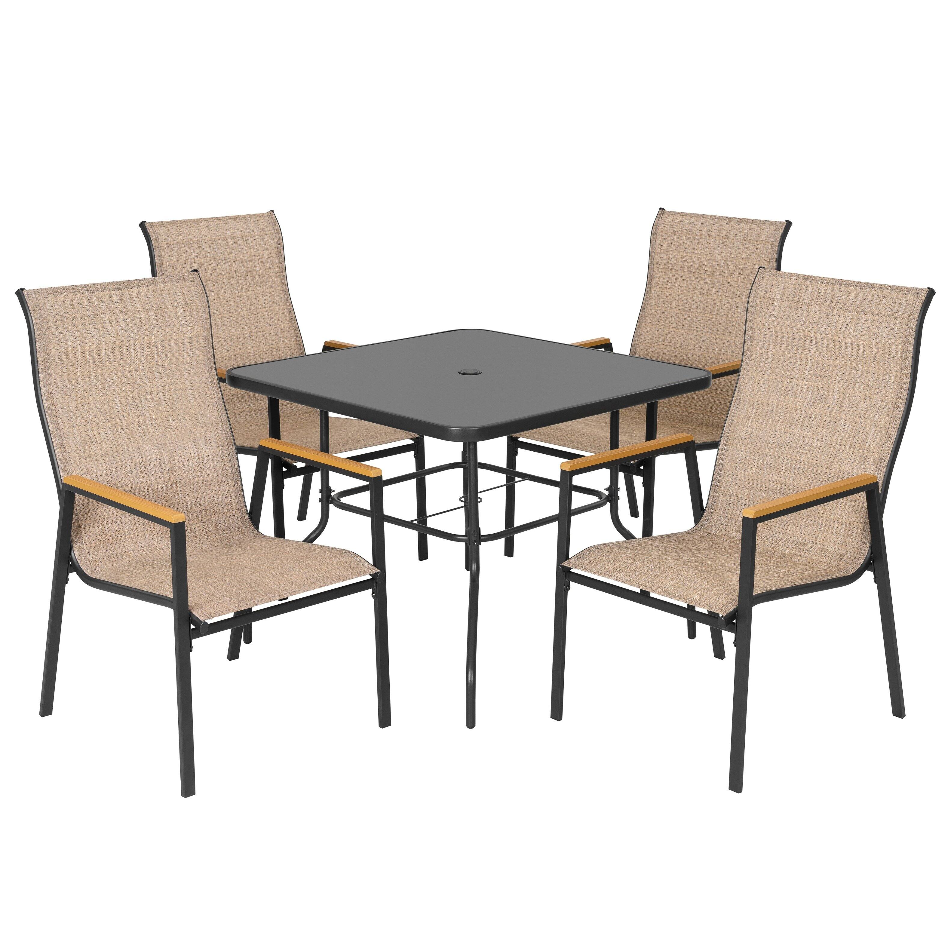 Angle. Nuu Garden - 5PCS Patio Dining Set with Umbrella Hole, Textilene Stackable Chairs - Black and Khaki.