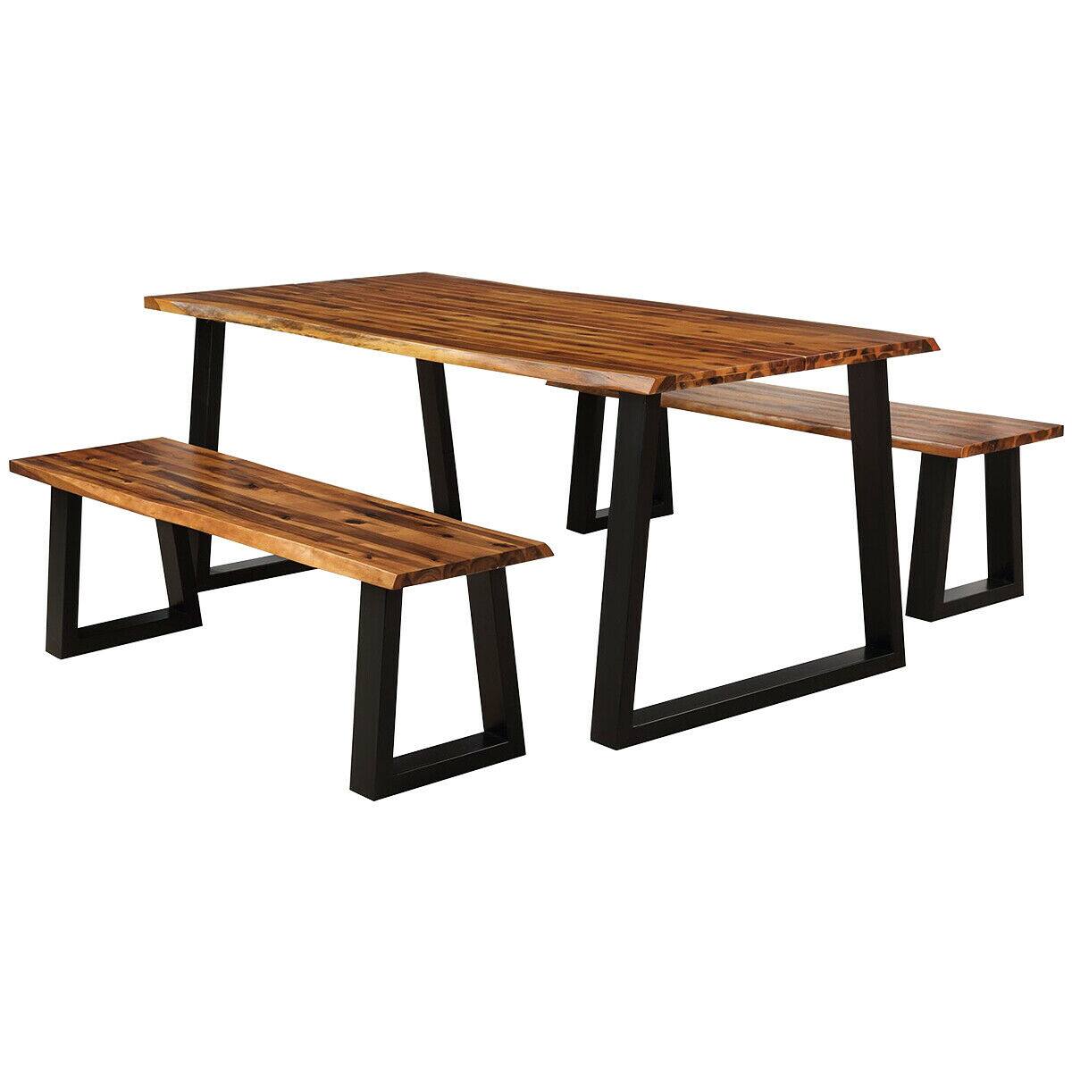Alt View 8. Gymax - Gymax Picnic Table Set Acacia Wood 3 Piece Table Bench Outdoor Patio - Brown + Black.