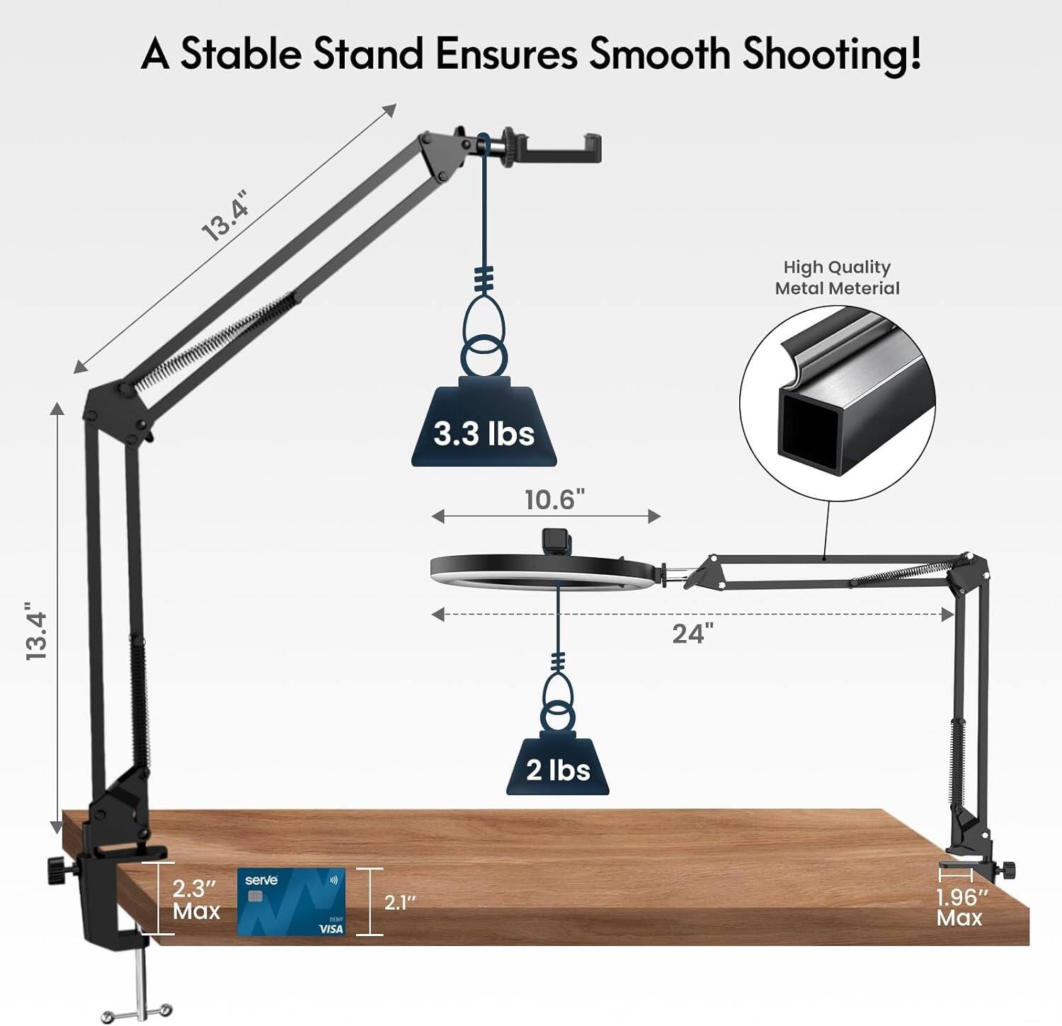 A Stable Stand Ensures Smooth Shooting!

- 13.4" High Quality Metal Material
- 3.3 lbs
- 10.6"
- 13.4"
- 24"
- 2 lbs
- 2.3" Max
- 2.1"
- 1.96" Max

High Quality Metal Material