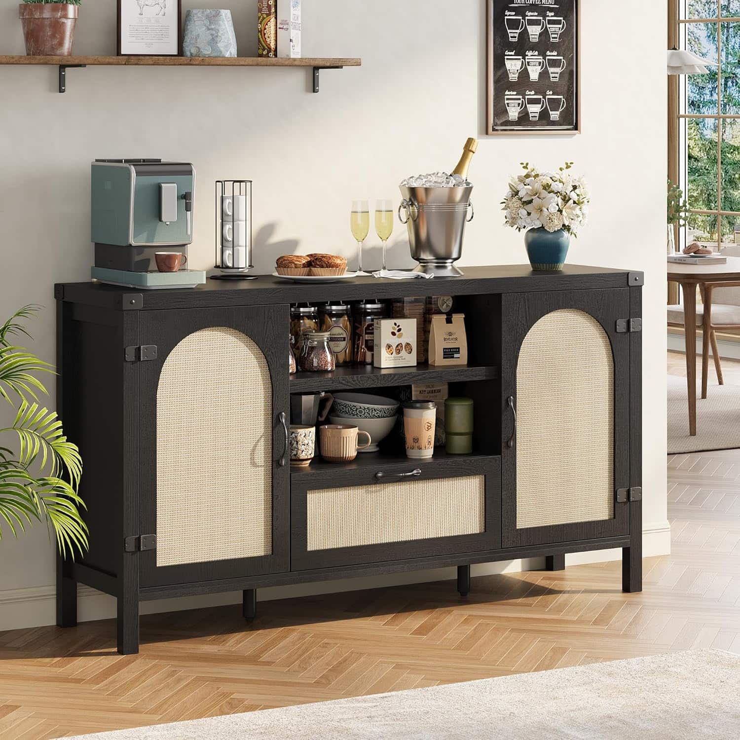 GARVEE - 47-Inch Rattan Sideboard Buffet Cabinet, Boho Wooden Coffee Bar with Open Shelves, Storage Console - Black