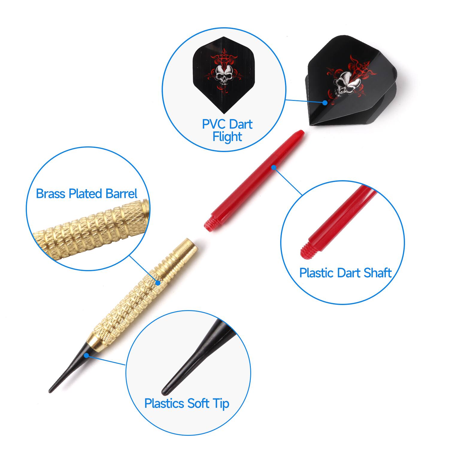 PVC Dart Flight, Brass Plated Barrel, Plastic Dart Shaft, Plastics Soft Tip