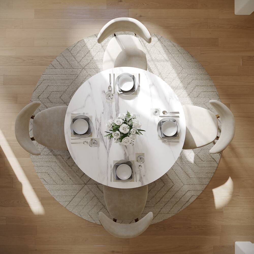 Alt View 4. POVISON - Modern 47" Round Dining Table for 4 White Sintered Stone Walnut Finish for Small Spaces, Breakfast Nooks & Apartments - White.