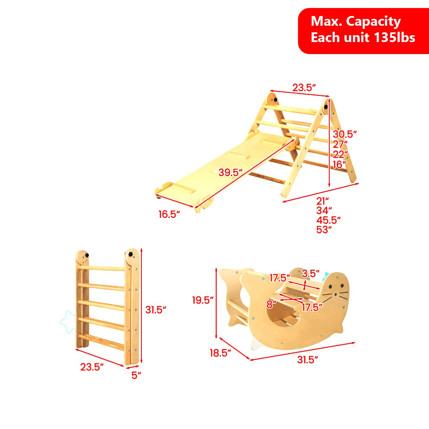 Max. Capacity Each unit 135lbs

23.5"  
39.5"  
30.5"  
27"  
22"  
16"  
16.5"  
21"  
34"  
45.5"  
53"  
17.5"  
3.5"  
31.5"  
19.5"  
8"  
17.5"  
23.5"  
5"  
18.5"  
31.5"