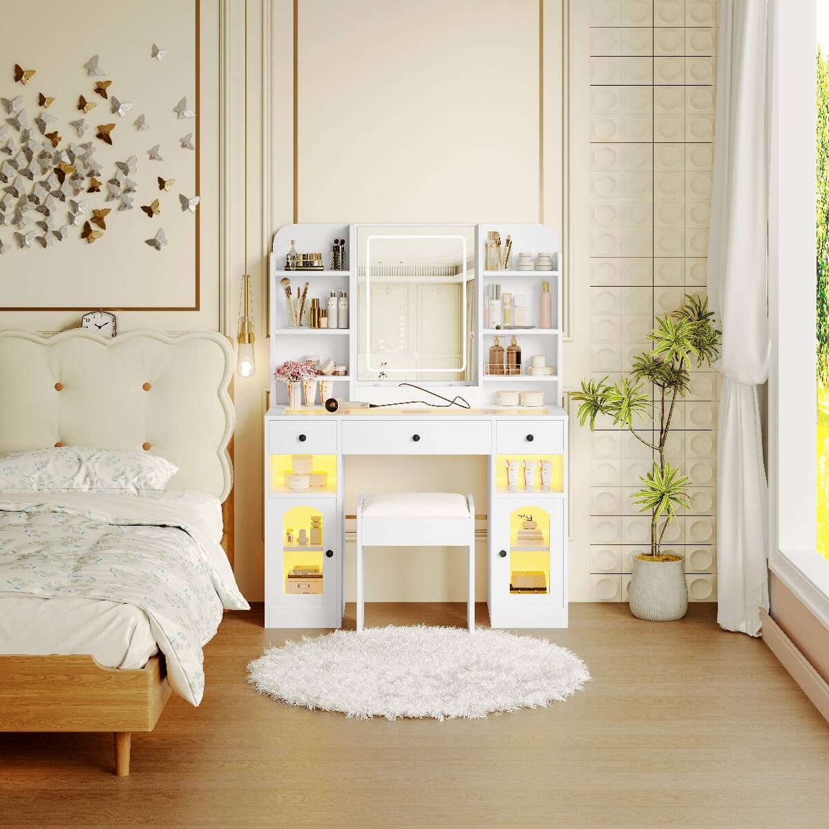Alt View 8. Loheer - Loheer 43.2 inch Vanity Desk, LED Mirror Vanity with Three Light Modes, White Makeup Vanity with Stool - White.