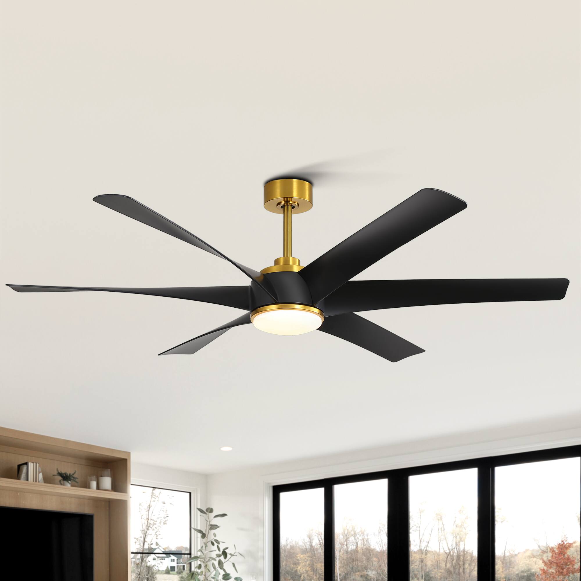 Back. Breezary - 65" Large Indoor Ceiling Fan with Remote Control, 6 ABS Blades, 6-Speed DC Motor, 7"/12" Downrods, Light/No Light Option - Gold and Black (With Light).
