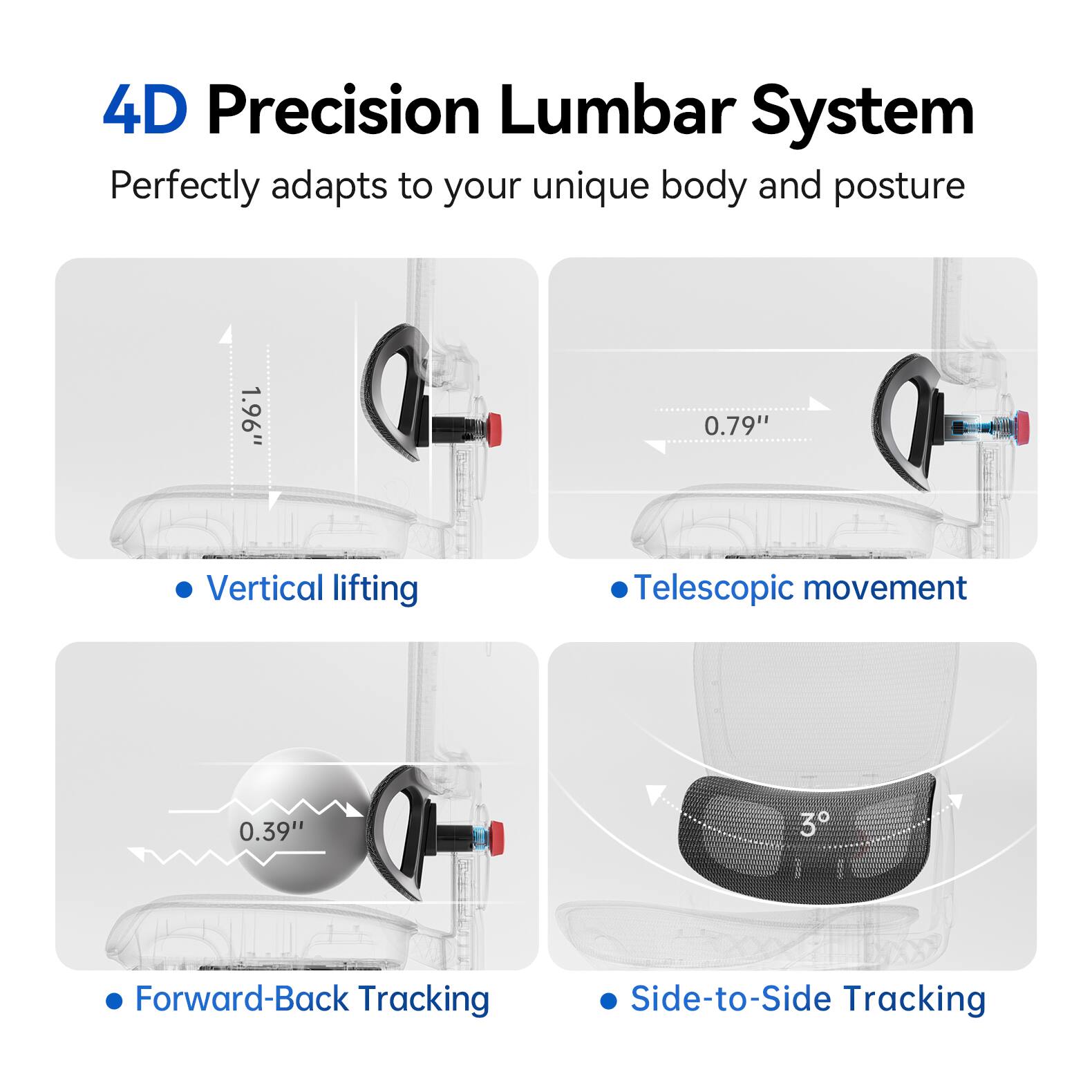 4D Precision Lumbar System  
Perfectly adapts to your unique body and posture

- Vertical lifting  
  1.96"

- Telescopic movement  
  0.79"

- Forward-Back Tracking  
  0.39"

- Side-to-Side Tracking  
  3°