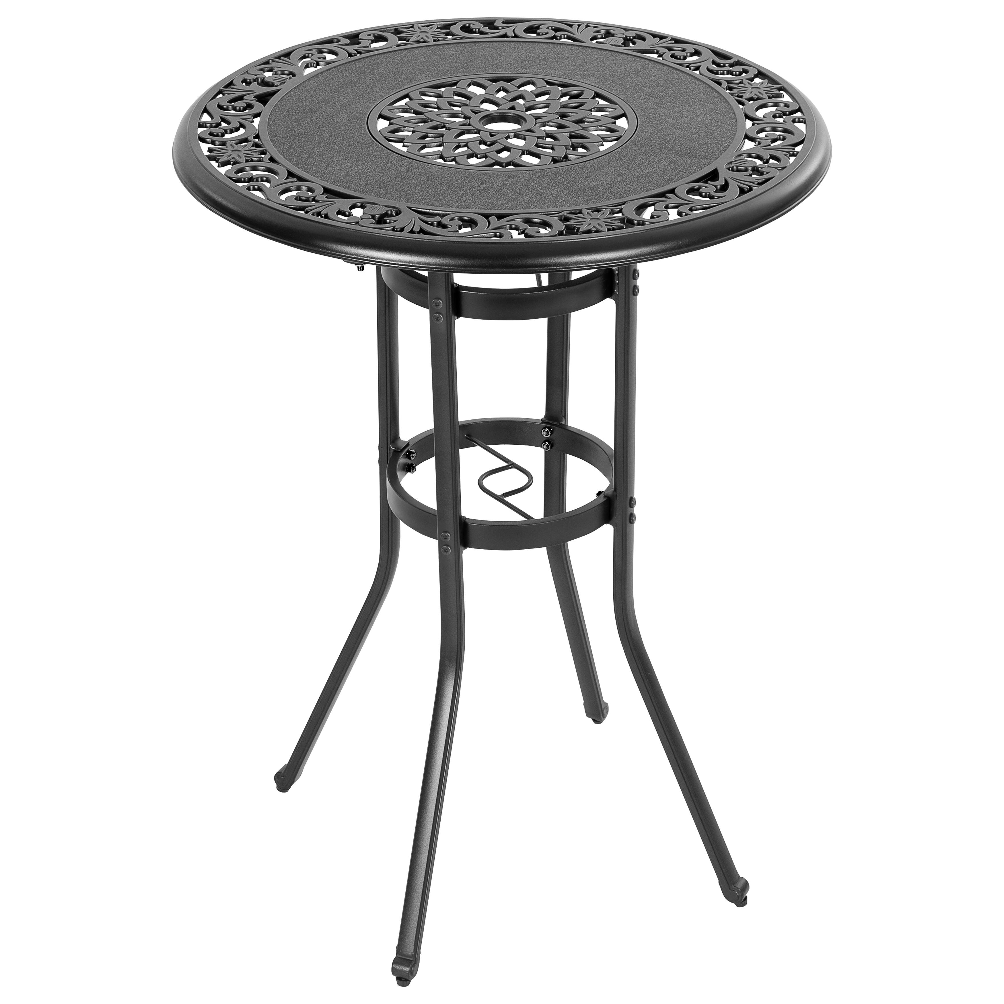 Angle. Nuu Garden - Outdoor Cast Aluminum Patio Bar Table with Vintage Hollow Tabletop, Umbrella Hole - Black.
