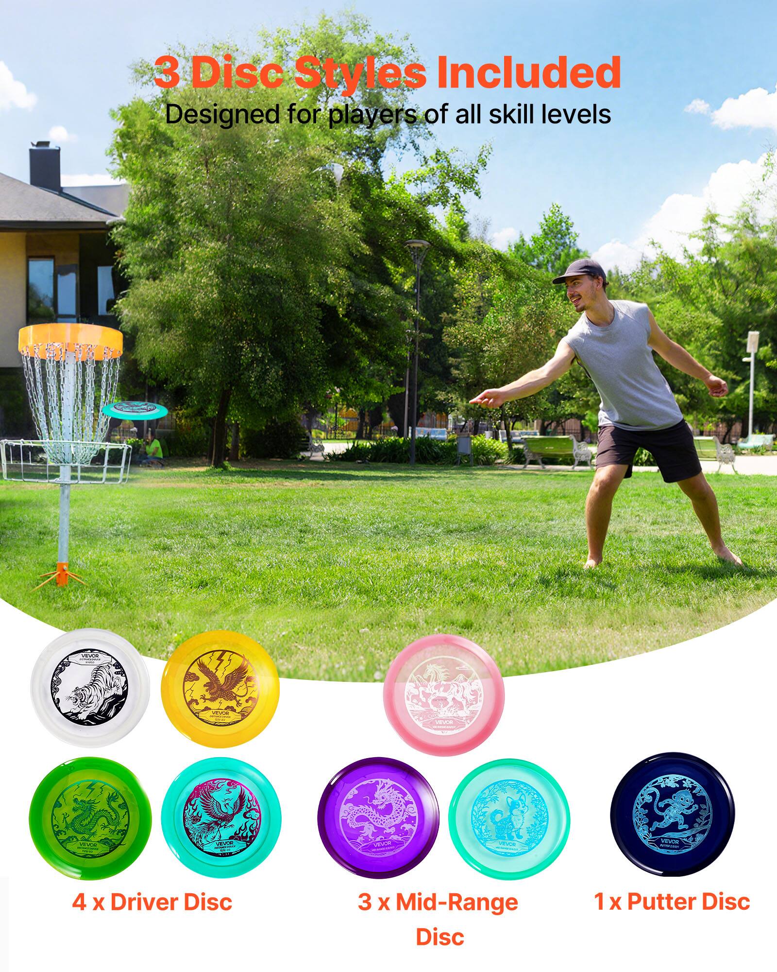 3 Disc Styles Included  
Designed for players of all skill levels  

4 x Driver Disc  
3 x Mid-Range Disc  
1 x Putter Disc
