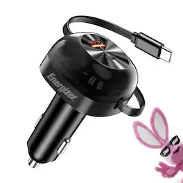Energizer - 58W USB-C Car Charger with Retractable Type-C Cable, PD Fast Charging Adapter for iPhone - Black