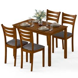 Gymax - 5PCS Dining Table Set for 4 w/Linen Fabric Upholstered Chairs Rubber Wood Frame - Brown