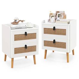 Costway - 2 PCS Modern Nightstand End Bedside Table with 2 Rattan Drawers & Solid Wood Legs - White,Natural