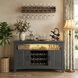 Aheaplus - Farmhouse Coffee Bar Cabinet with Charging Station, LED Lights & Movable Wine Rack - Gray Walnut