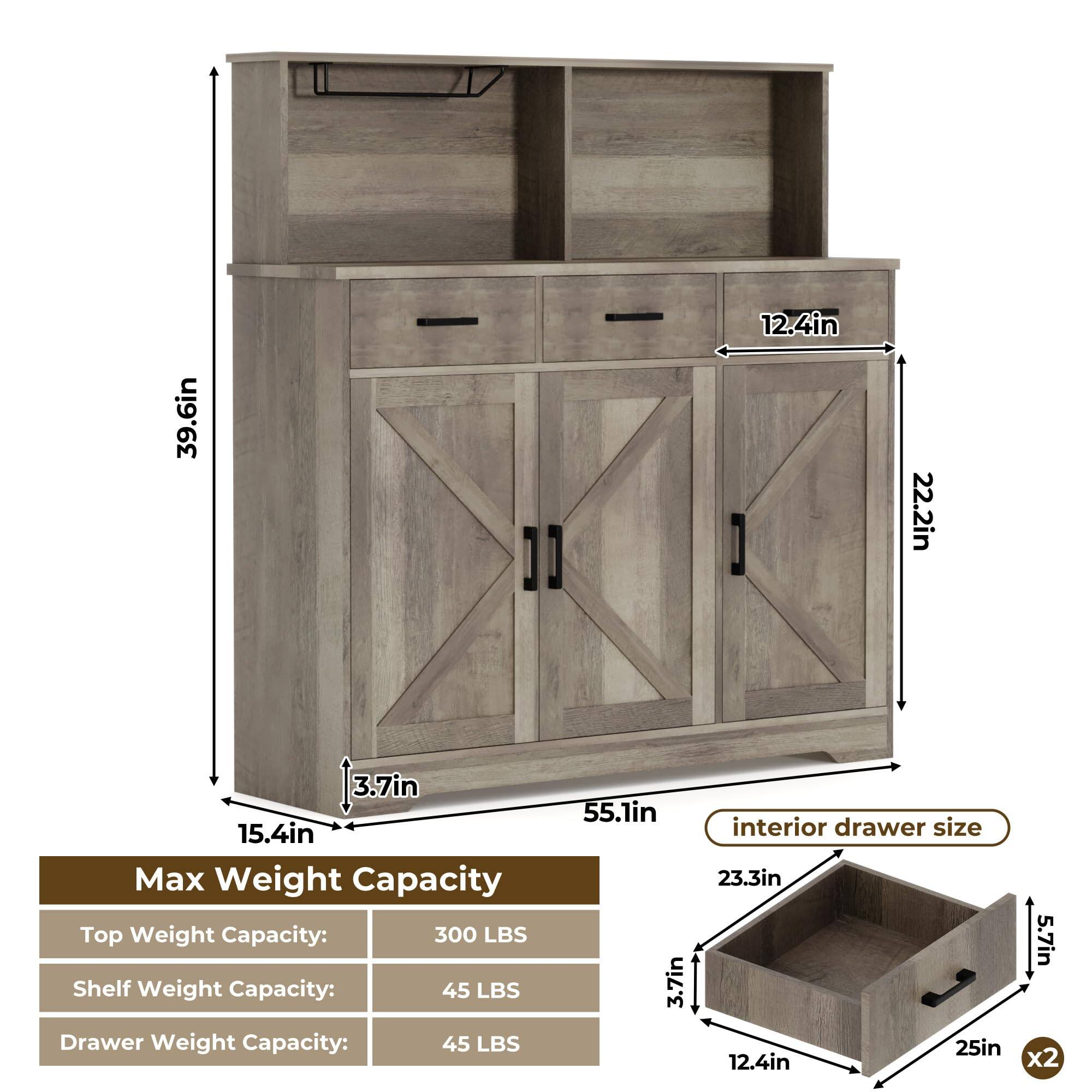 39.6in  
12.4in  
22.2in  
3.7in  
15.4in  

Max Weight Capacity:  
Top Weight Capacity: 300 LBS  
Shelf Weight Capacity: 45 LBS  
Drawer Weight Capacity: 45 LBS  

55.1in  
3.7in interior drawer size  
23.3in  
25in  
12.4in  
5.7in x2