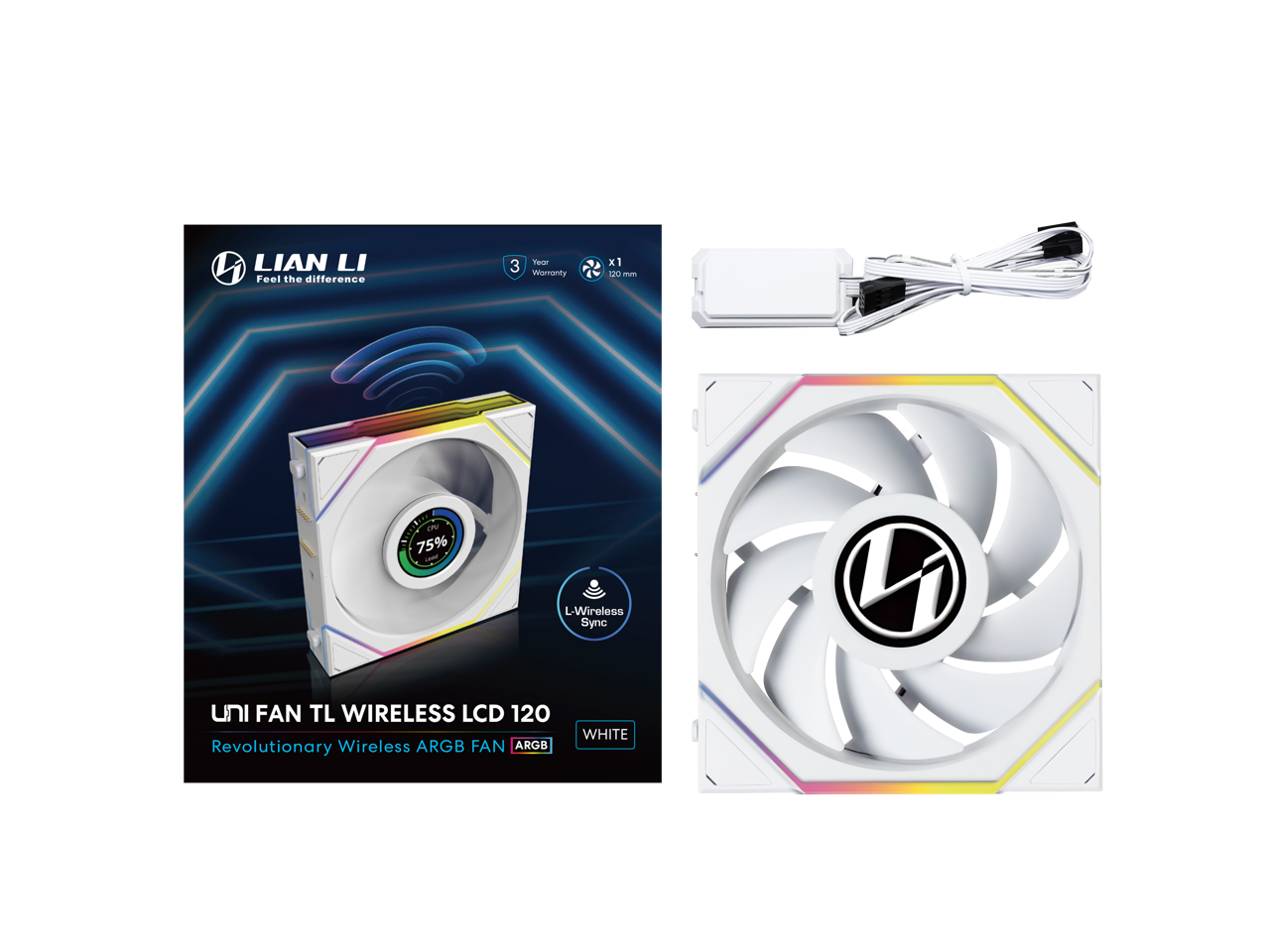 LIAN LI  
Feel the difference  

UNI FAN TL WIRELESS LCD 120  
Revolutionary Wireless ARGB FAN  

- 3 Year Warranty  
- x1 120 mm  

- L-Wireless Sync  
- ARGB WHITE
