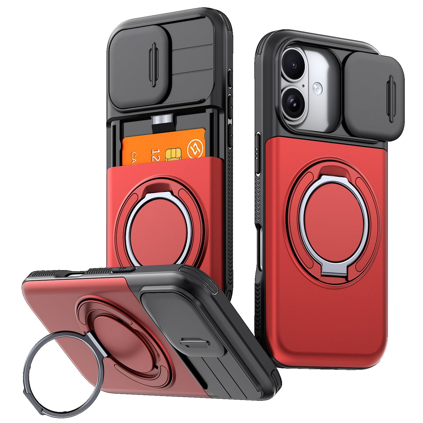 Front. Dteck - Rugged Case for Apple iPhone 17 Shockproof Drop Protection Hidden Card Slot Ring Kickstand Sliding Camera Cover - Red.