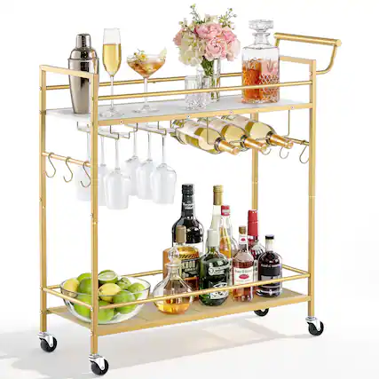 Front. VEVOR - Bar Cart, 2 Tiers Home Kitchen Serving Carts, Modern Rolling Utility Station on Wheel, Mobile Drink Beverage Trolley - Gold + White.