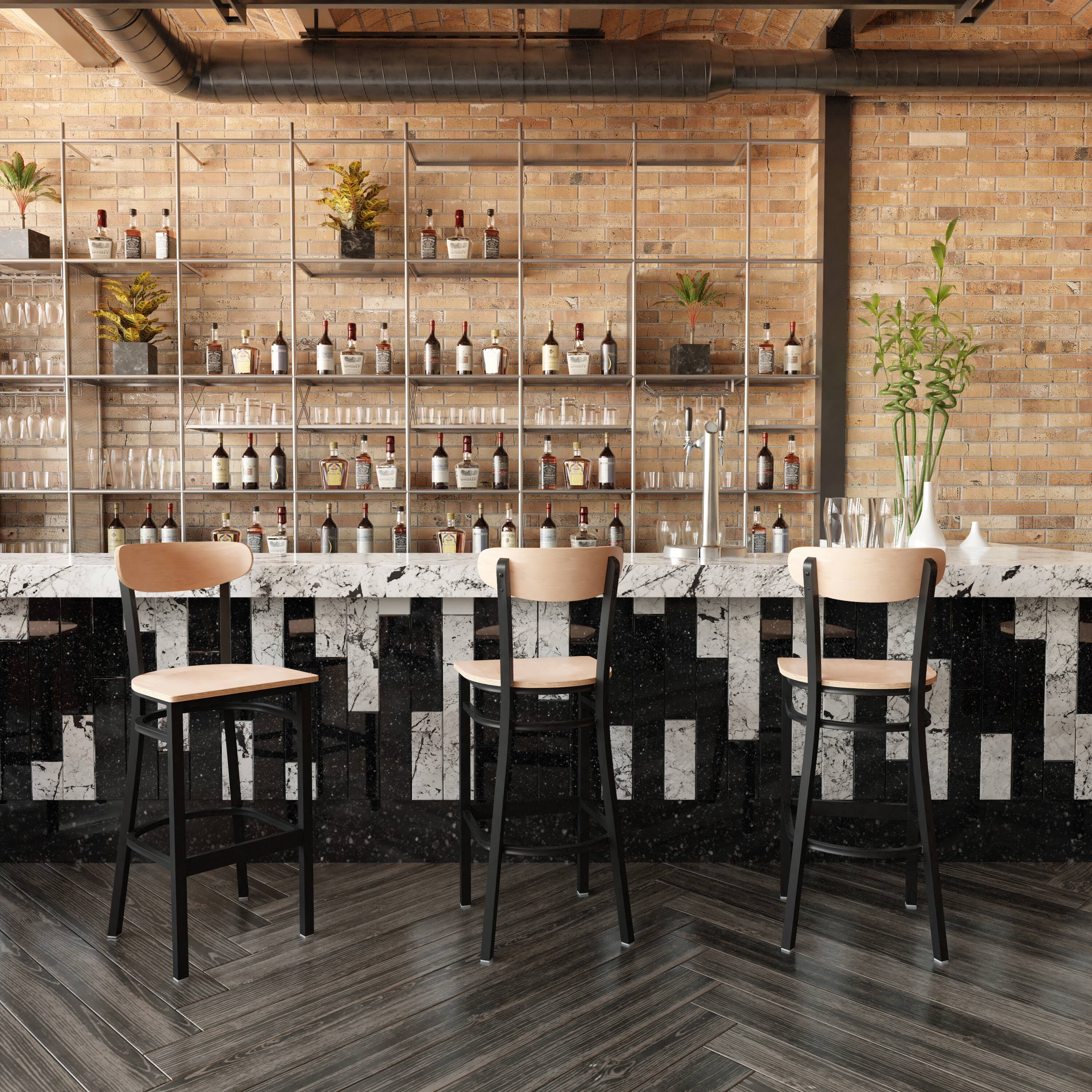 Alt View 4. Emma + Oliver - Yara Industrial Barstool with Rolled Steel Frame and Solid Wood Seat - 500 lbs. Static Weight Capacity - Natural Birch.