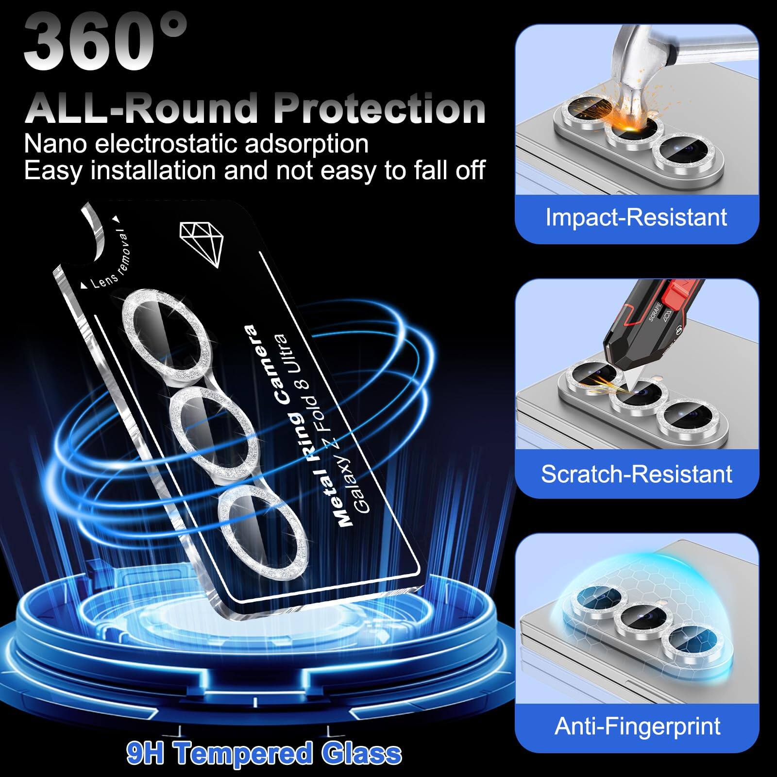 360° ALL-Round Protection  
Nano electrostatic adsorption  
Easy installation and not easy to fall off  
Impact-Resistant  
Scratch-Resistant  
Anti-Fingerprint  
9H Tempered Glass