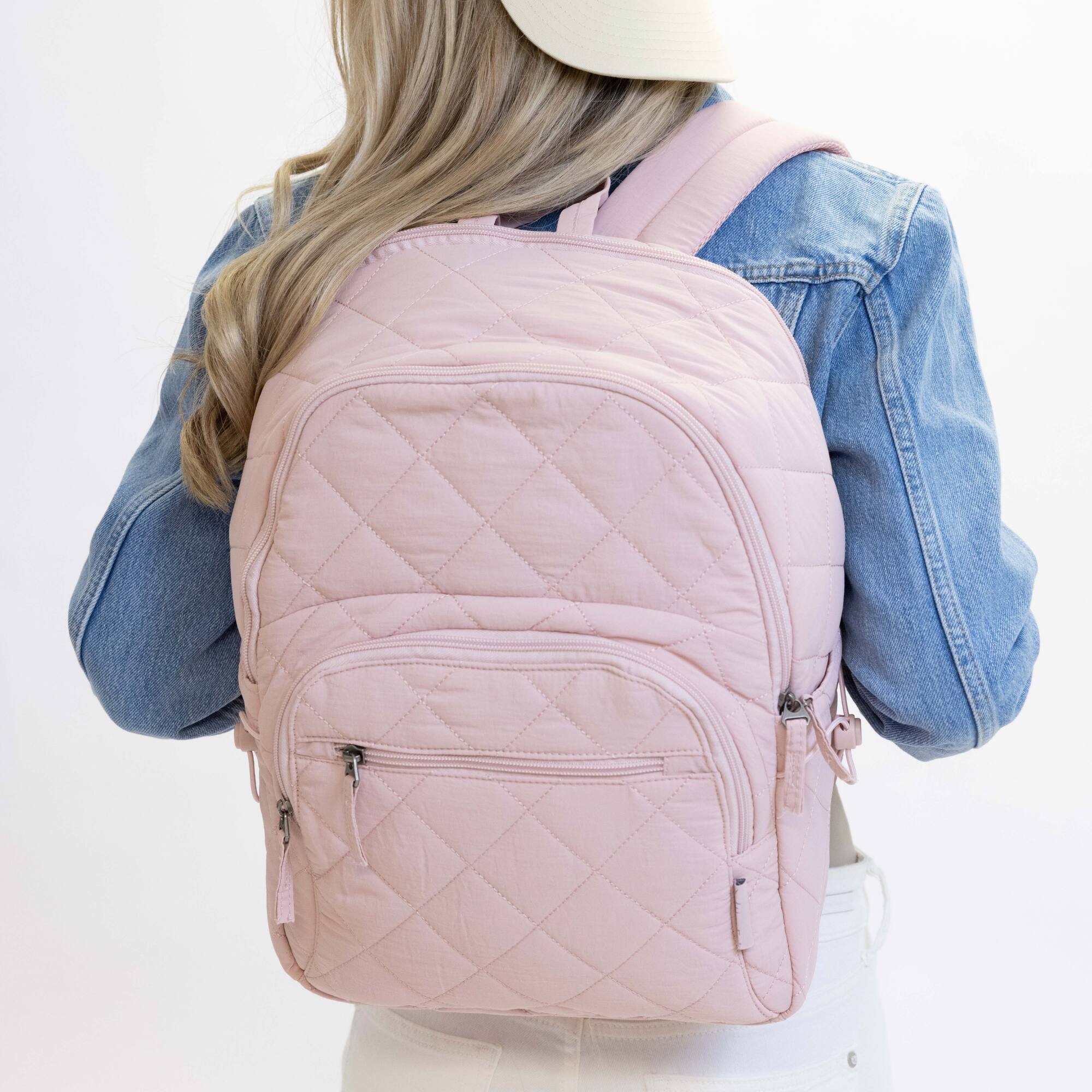 Angle. Hynes Eagle - Classic Quilted Laptop Backpack - Soft Pink.