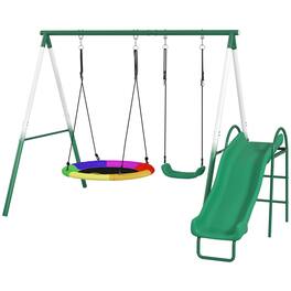 Qaba - Swing Set with Slide, Saucer Swing Seat, Heavy Duty A-Frame Stand and Adjustable Rope for Backyard
