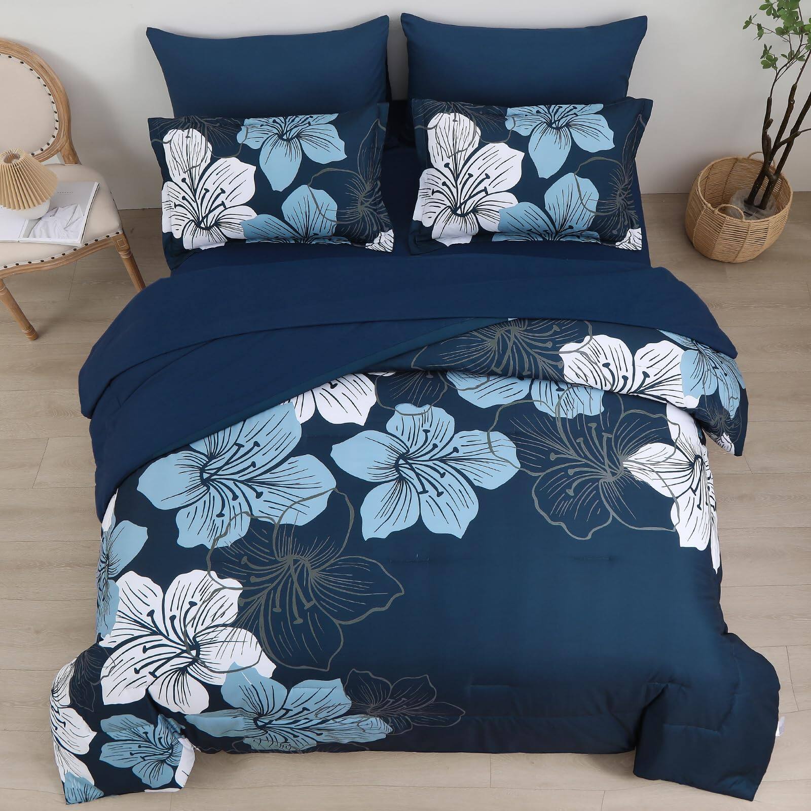 Alt View 3. NICHOLAS KLEIN - Navy Comforter Set Queen In A Bag Floral And Sheet Soft Microfiber Complete Bedding Sets For All Seasons - Green King.