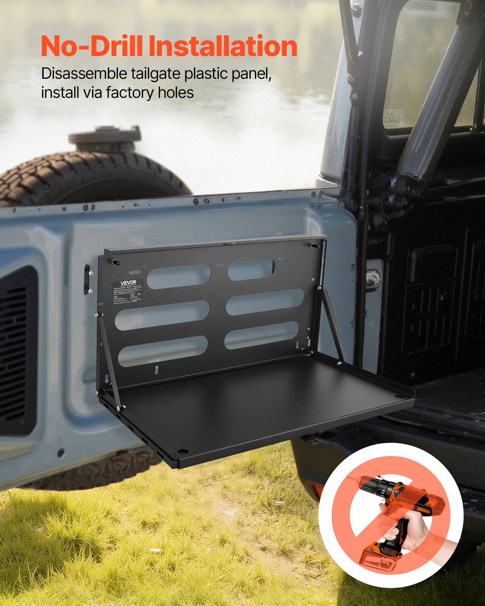 No-Drill Installation  
Disassemble tailgate plastic panel, install via factory holes