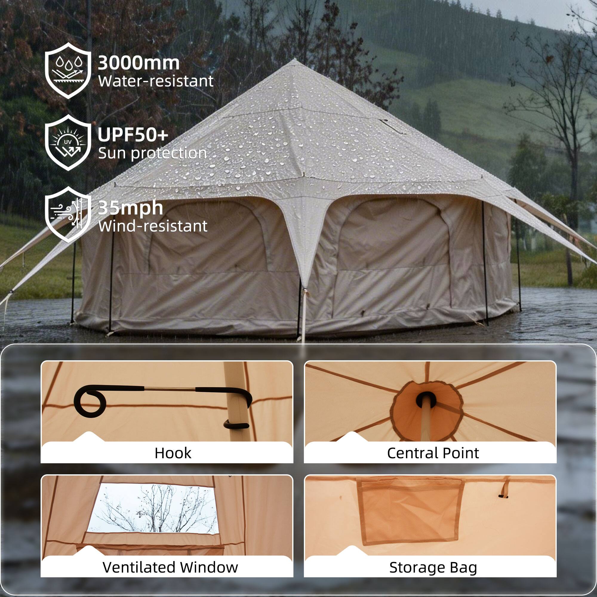 3000mm Water-resistant  
UPF50+ Sun protection  
35mph Wind-resistant  

Hook  
Central Point  
Ventilated Window  
Storage Bag