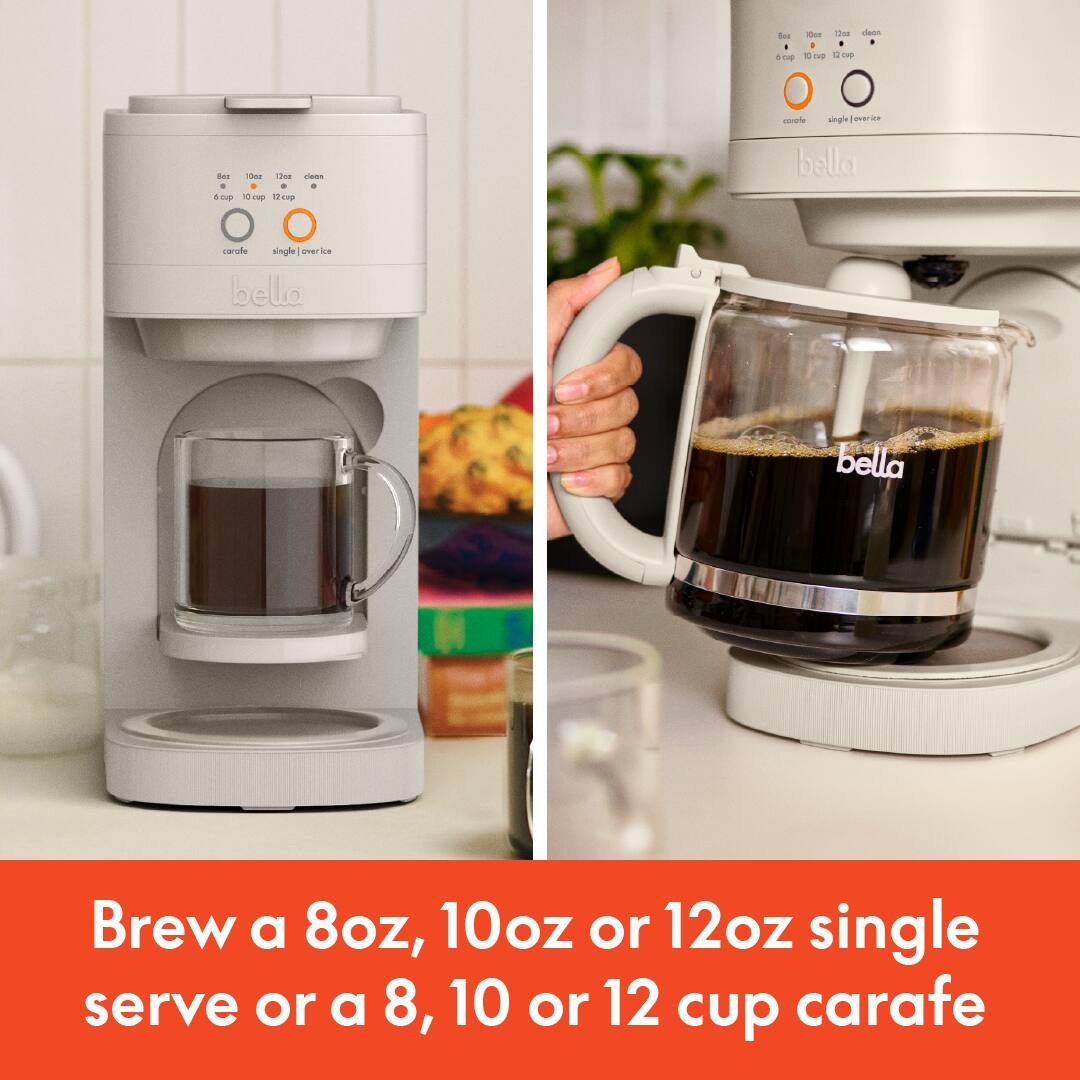 Brew a 8oz, 10oz or 12oz single serve or a 8, 10 or 12 cup carafe