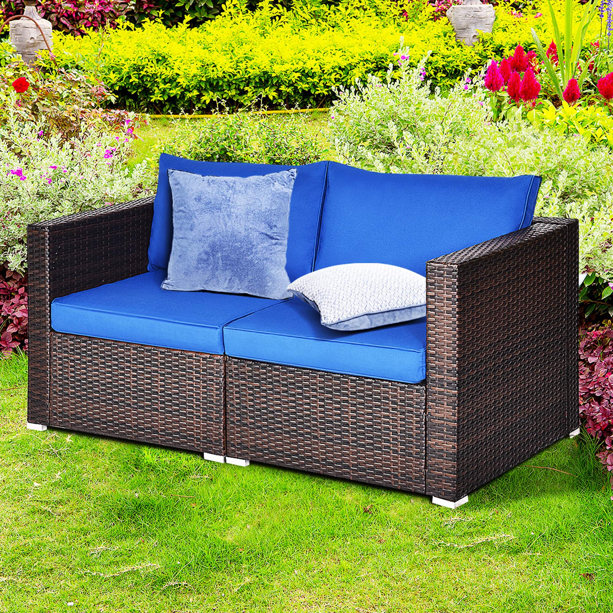 Gymax - 2PCS Rattan Corner Sofa Set Patio Outdoor Furniture Set w/ 4 Cushions - Navy