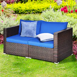 Gymax - 2PCS Rattan Corner Sofa Set Patio Outdoor Furniture Set w/ 4 Cushions - Navy