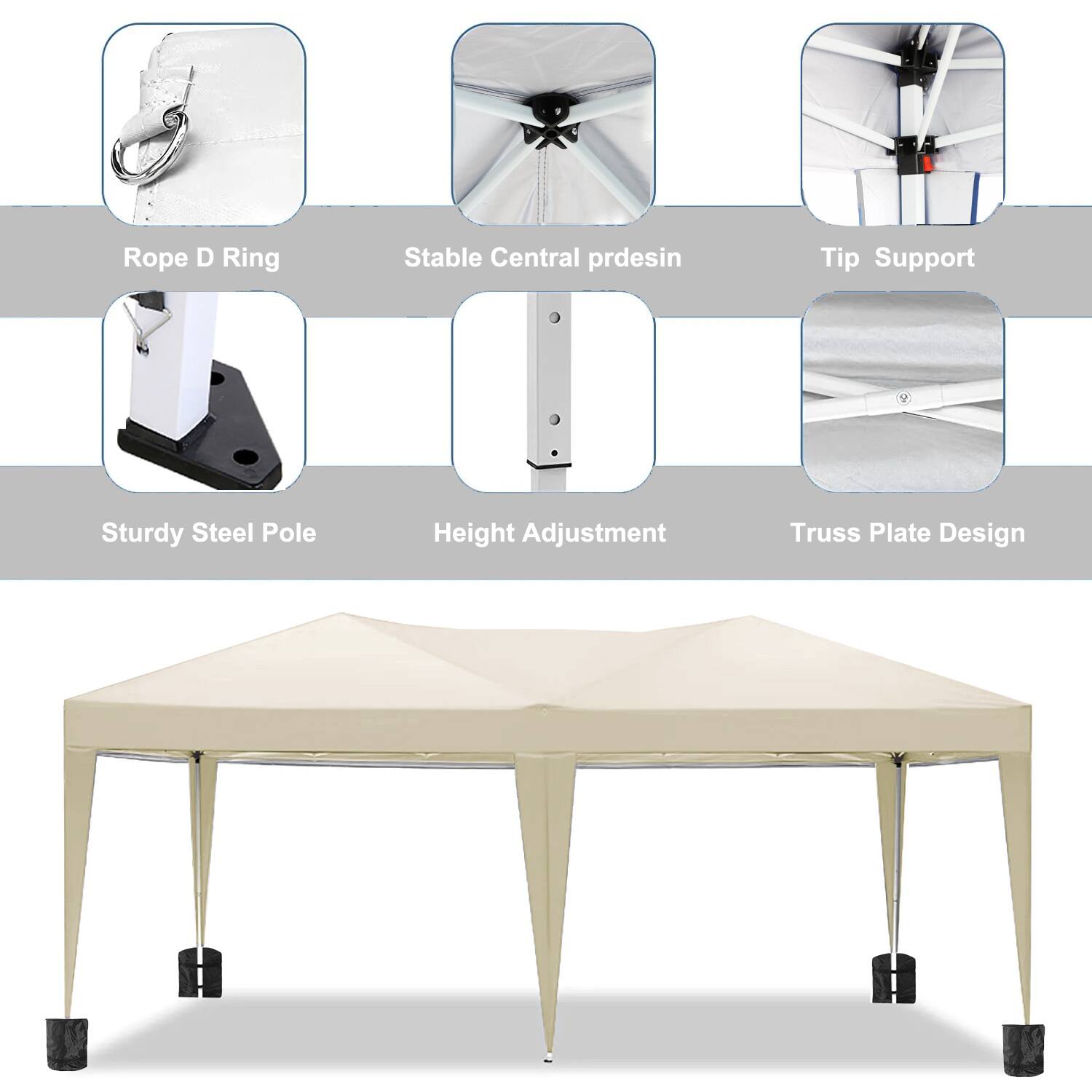 Rope D Ring  
Stable Central Design  
Tip Support  
Sturdy Steel Pole  
Height Adjustment  
Truss Plate Design