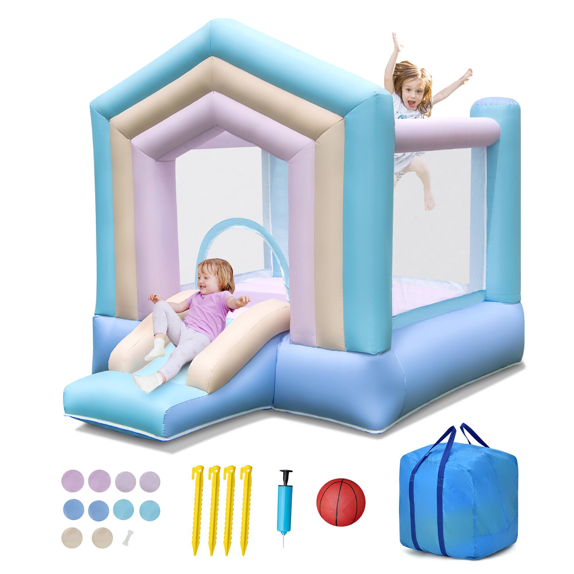 Front. Gymax - Gymax Kids Bounce House w/ Slide Basketball Rim Inflatable Basketball Without Blower - Macaron.