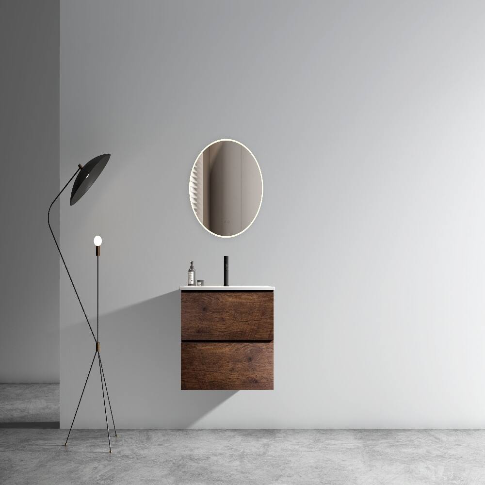 Angle. Loheer - Loheer 24 inch wall mounted bathroom vanity Walnut Floating Cabinet with Ceramic Sink - Walnut.