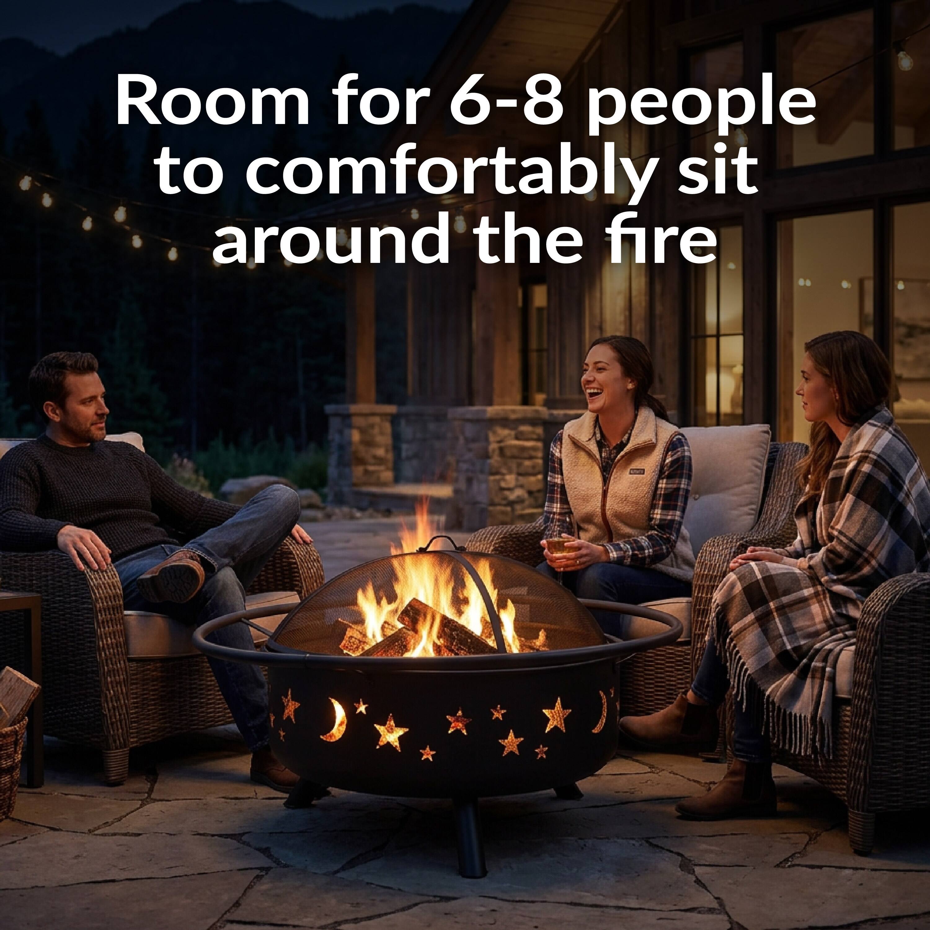 Room for 6-8 people to comfortably sit around the fire