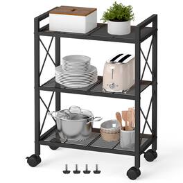 Songmics Home - Metal Storage Rack with Wheels, Mesh Shelving Unit with X Side Frames, Industrial Style, 3-Tier, 22.8-Inch Width - Ink Black