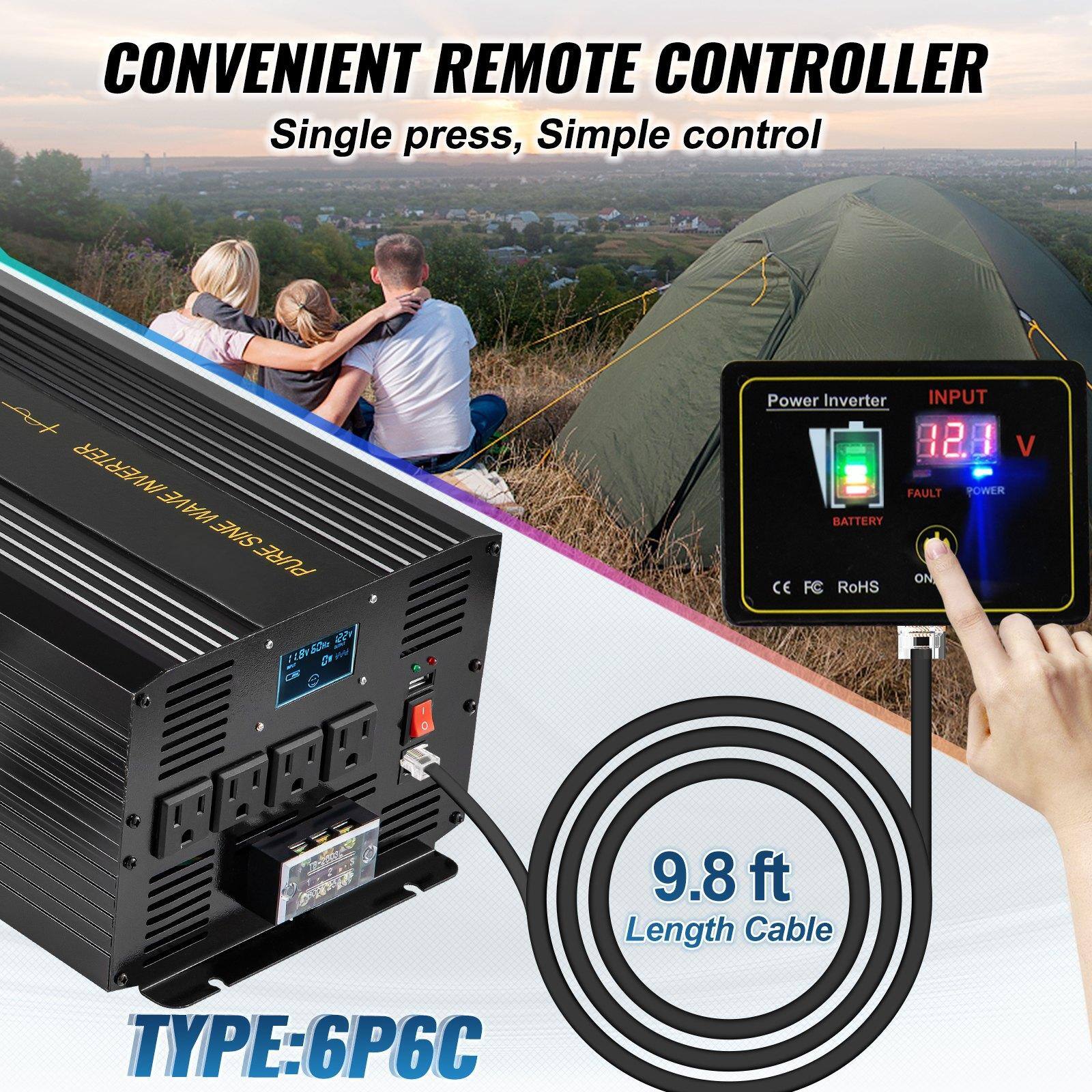 CONVENIENT REMOTE CONTROLLER  
Single press, Simple control  

Power Inverter  
INPUT 12.8 V  

TYPE: 6P6C  

9.8 ft Length Cable  

CE FC RoHS