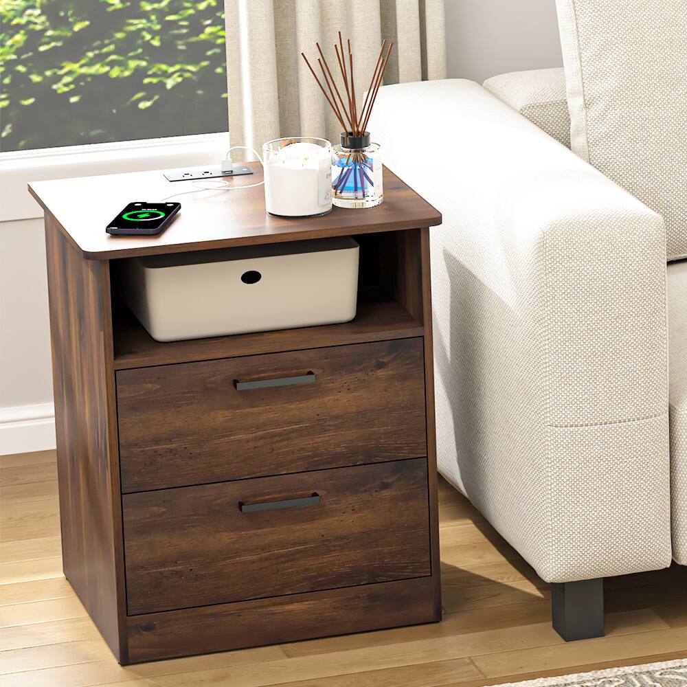 Angle. Spaco - Spaco Set of 2 Nightstand with 2 Drawers, Fast Charging Station, USB C, AC Outlets,Bedside Table for Bedroom Living Room - Brown.