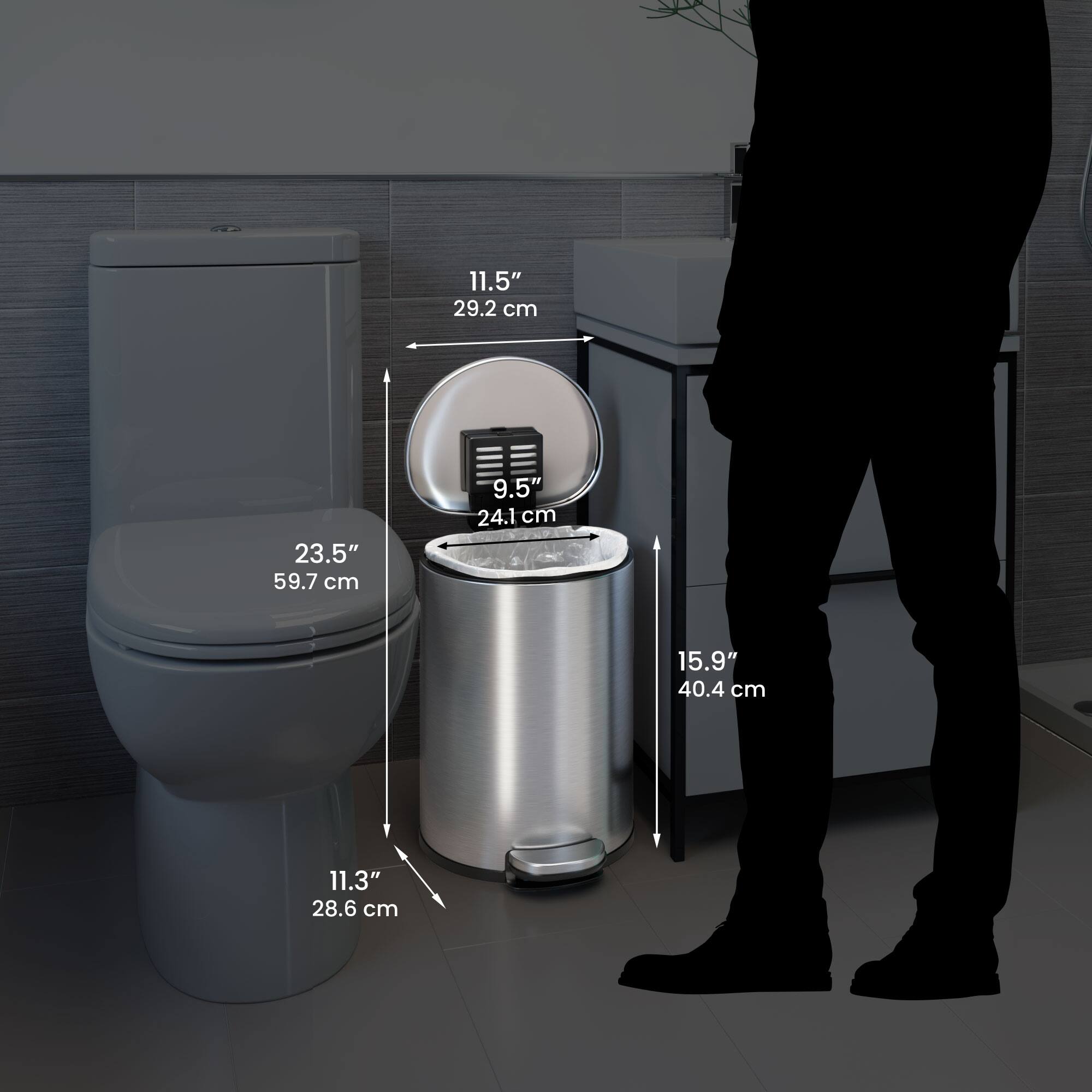 11.5" 29.2 cm  
23.5" 59.7 cm  
9.5" 24.1 cm  
15.9" 40.4 cm  
11.3" 28.6 cm