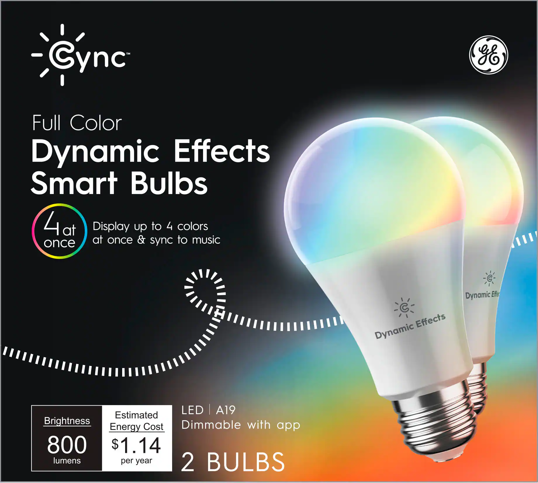 Cync Full Color Dynamic Effects Smart Bulbs: 4 at a time, display up to 4 colors once at a time, sync to music, LED A19, estimated brightness, dimmable, Energy Cost app, 800 lumens per year, 2 bulbs.