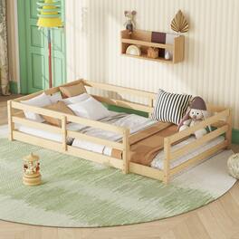 GOODSILO - Twin Size Floor Bed for Kids with Safety Fence, Sturdy Wooden Montessori Style Bed Frame for Boys and Girls - Oak