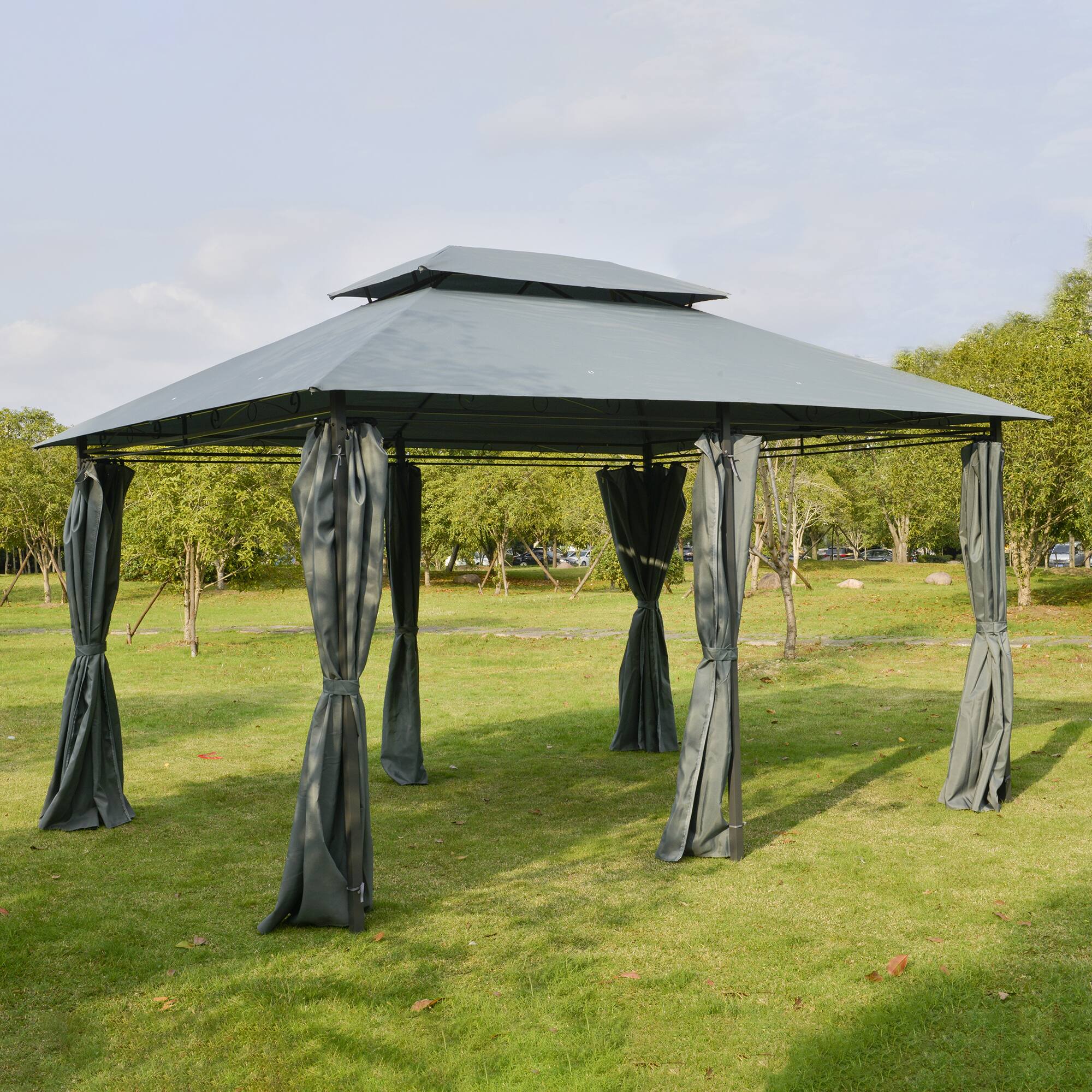 Angle. Outsunny - 10' x 14' Patio Gazebo, Outdoor Gazebo Canopy Shelter with Curtains, Vented Roof, Steel Frame for Garden, Lawn - Sage and Black.