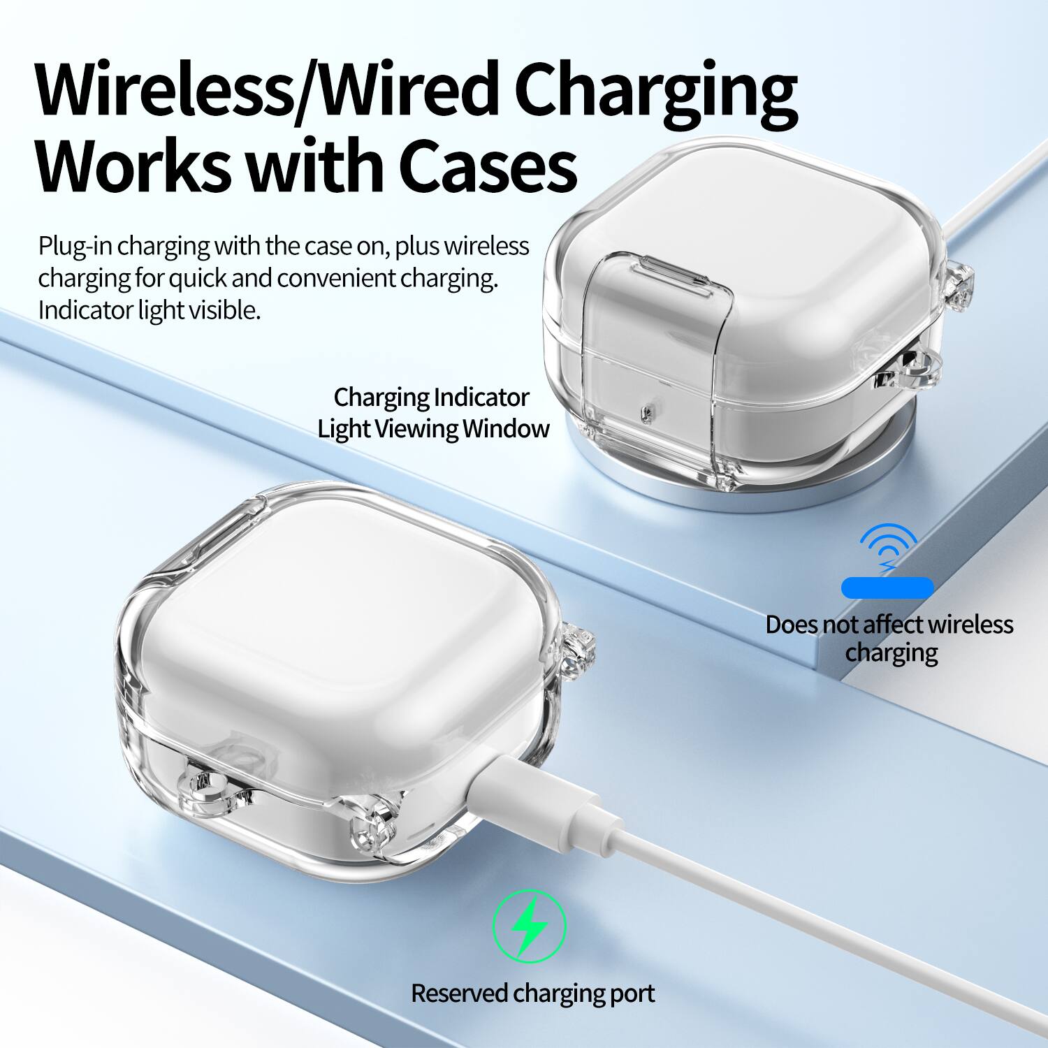 Wireless/Wired Charging Works with Cases

Plug-in charging with the case on, plus wireless charging for quick and convenient charging. Indicator light visible.

- Charging Indicator Light Viewing Window
- Does not affect wireless charging
- Reserved charging port