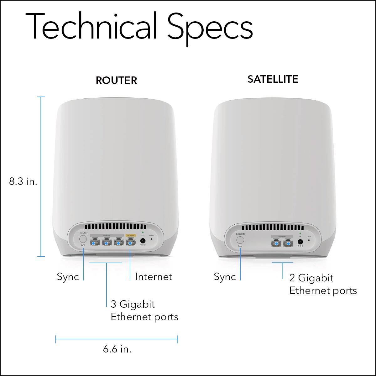 Technical Specs:
ROUTER:
- Size: 8.3 in.
- Internet: Sync
- Ethernet Ports: 4

SATELLITE:
- Size: 6.6 in.
- Internet: Sync
- Ethernet Ports: 2