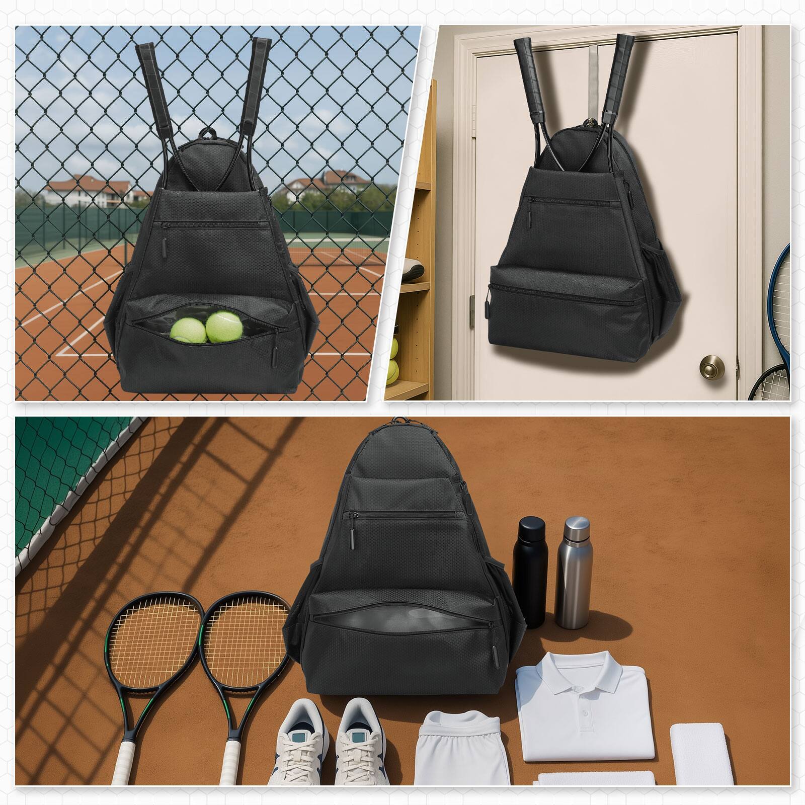 Alt View 1. Unique Bargains - Tennis Backpack for 2 Rackets Waterproof Tennis Bag with Shoe Compartment Wet/Dry Pocket Fence Hook for Tennis - Black.