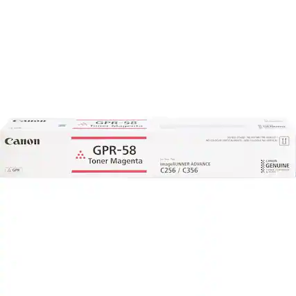 Canon GPR-58 Toner Magenta
GPR-58
Toner Magenta
imageRUNNER ADVANCE C256 / C356
Genuine Toner Cartridge & Parts
Do Not Stand / Ne Pas Mettre Debout / No Colocar Verticalmente / Não Coloque na Vertical